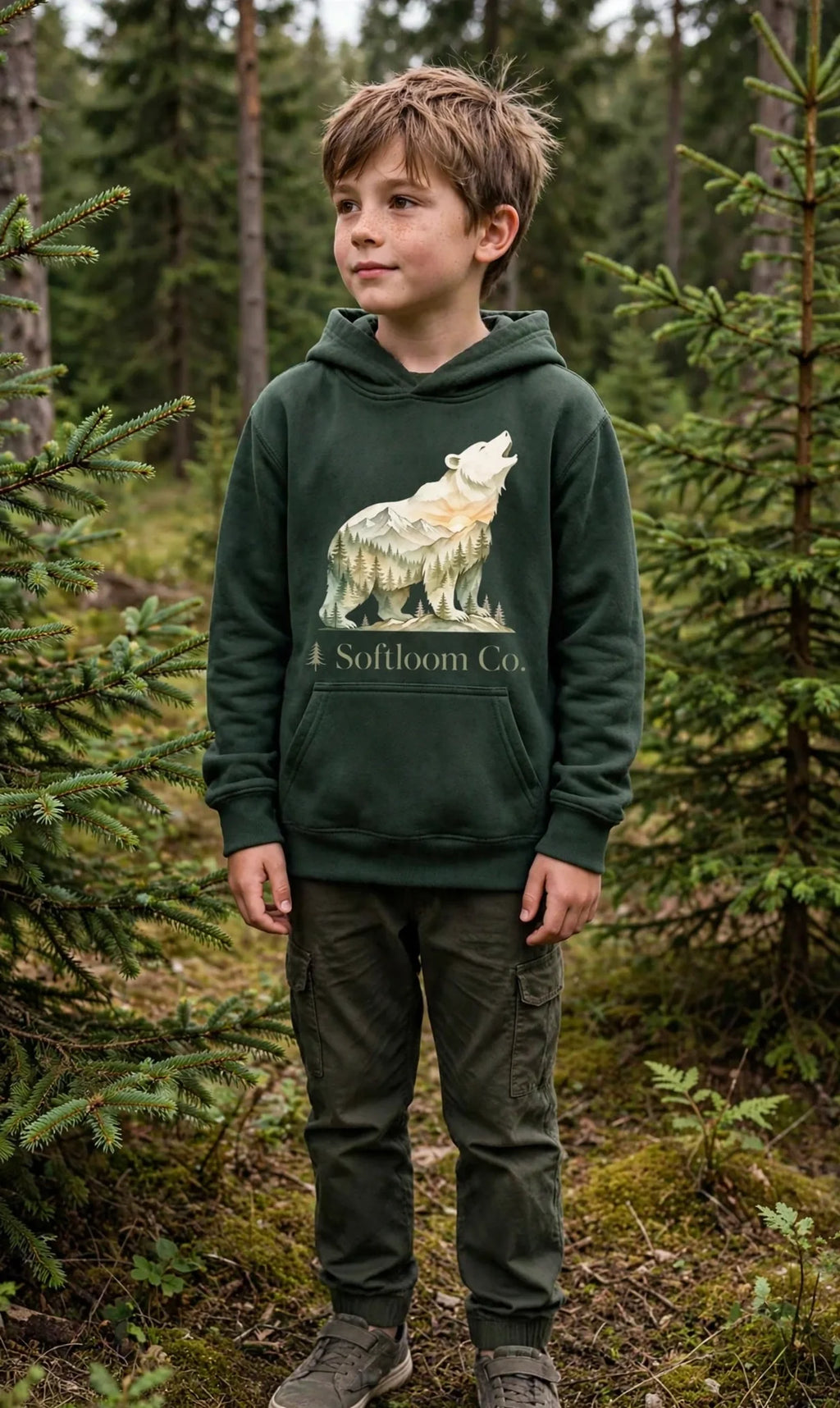 Hoodie jeunesse ours hurleur vert forêt porté par un enfant en forêt