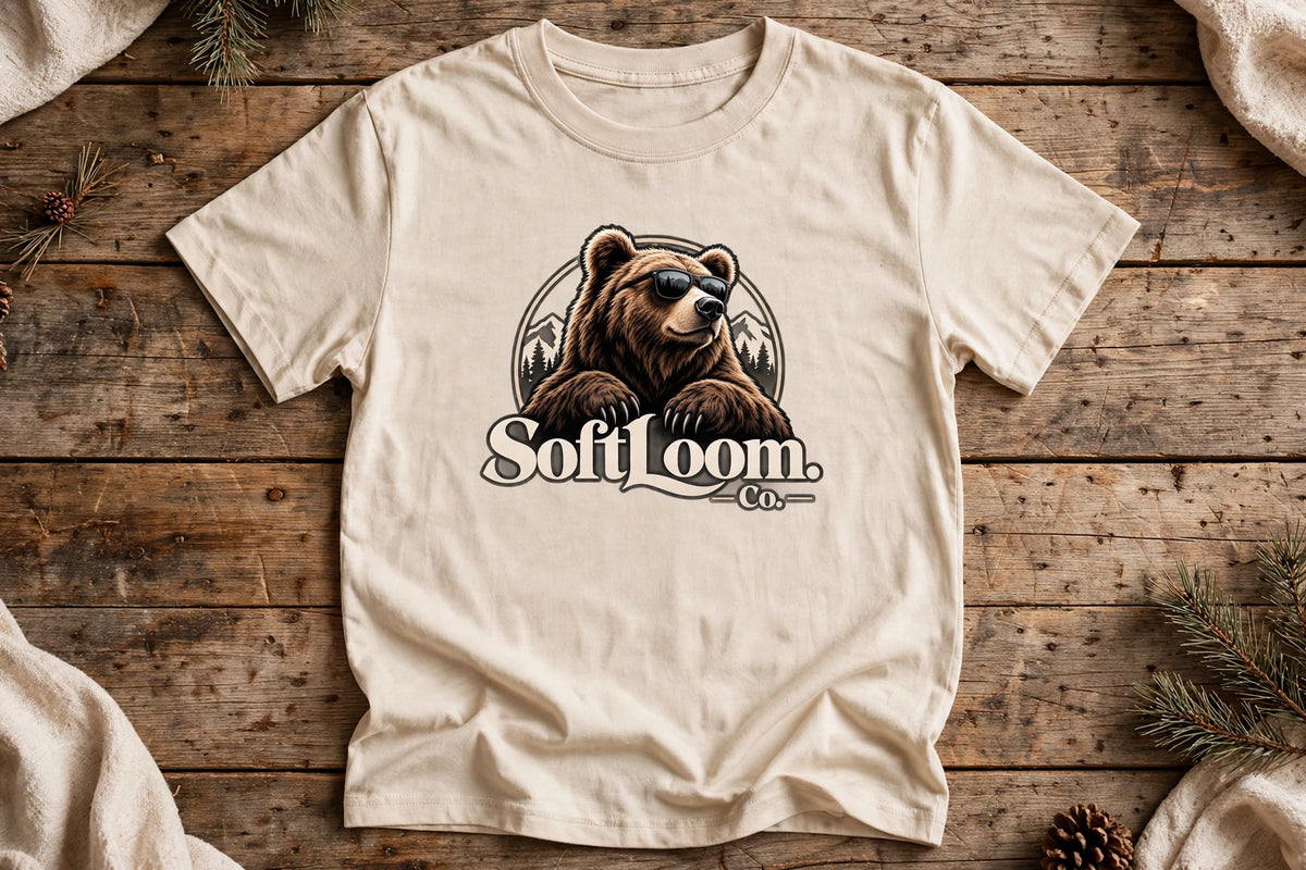 T-shirt ours a lunettes beige a plat sur bois