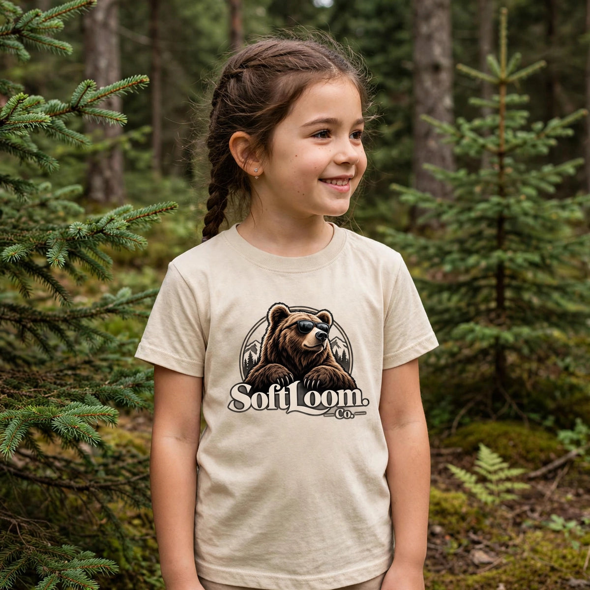 T-shirt ours a lunettes beige porte par une petite fille en foret