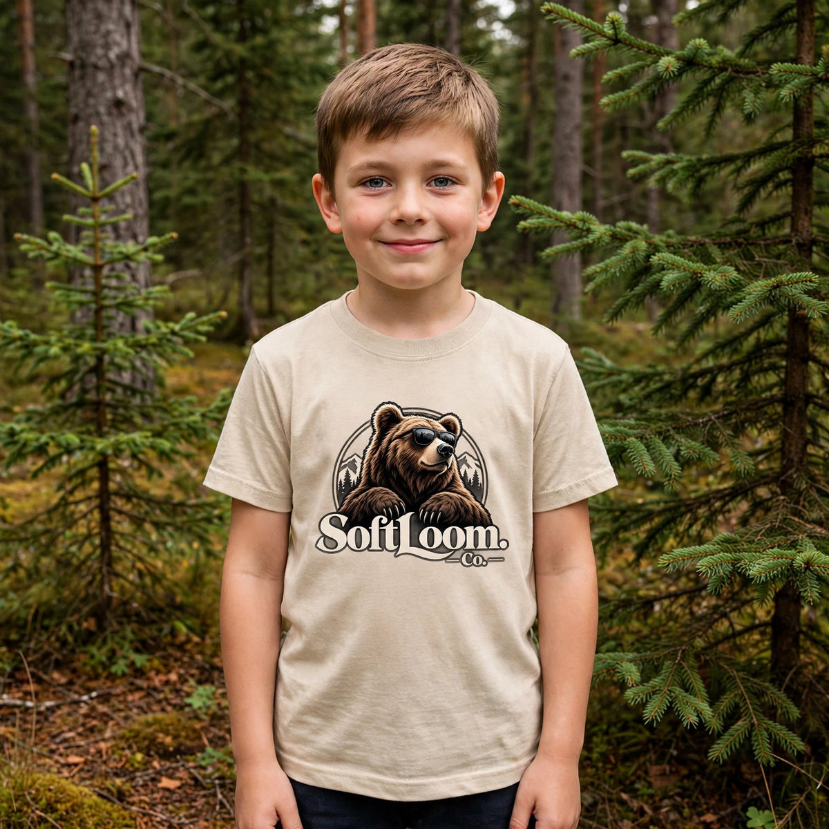 T-shirt ours a lunettes beige porte par un petit garcon en foret