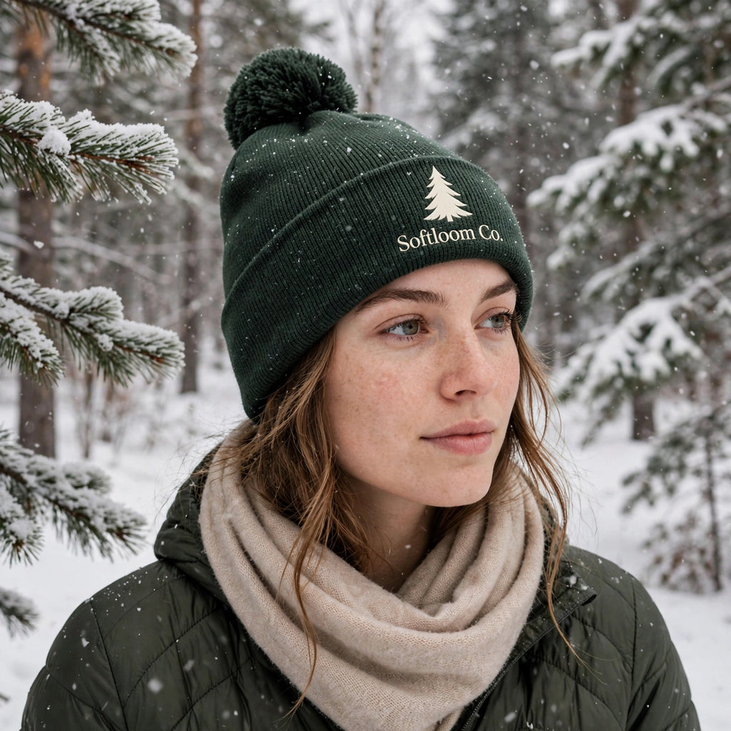Mockup tuque pompon verte foret Softloom Co.